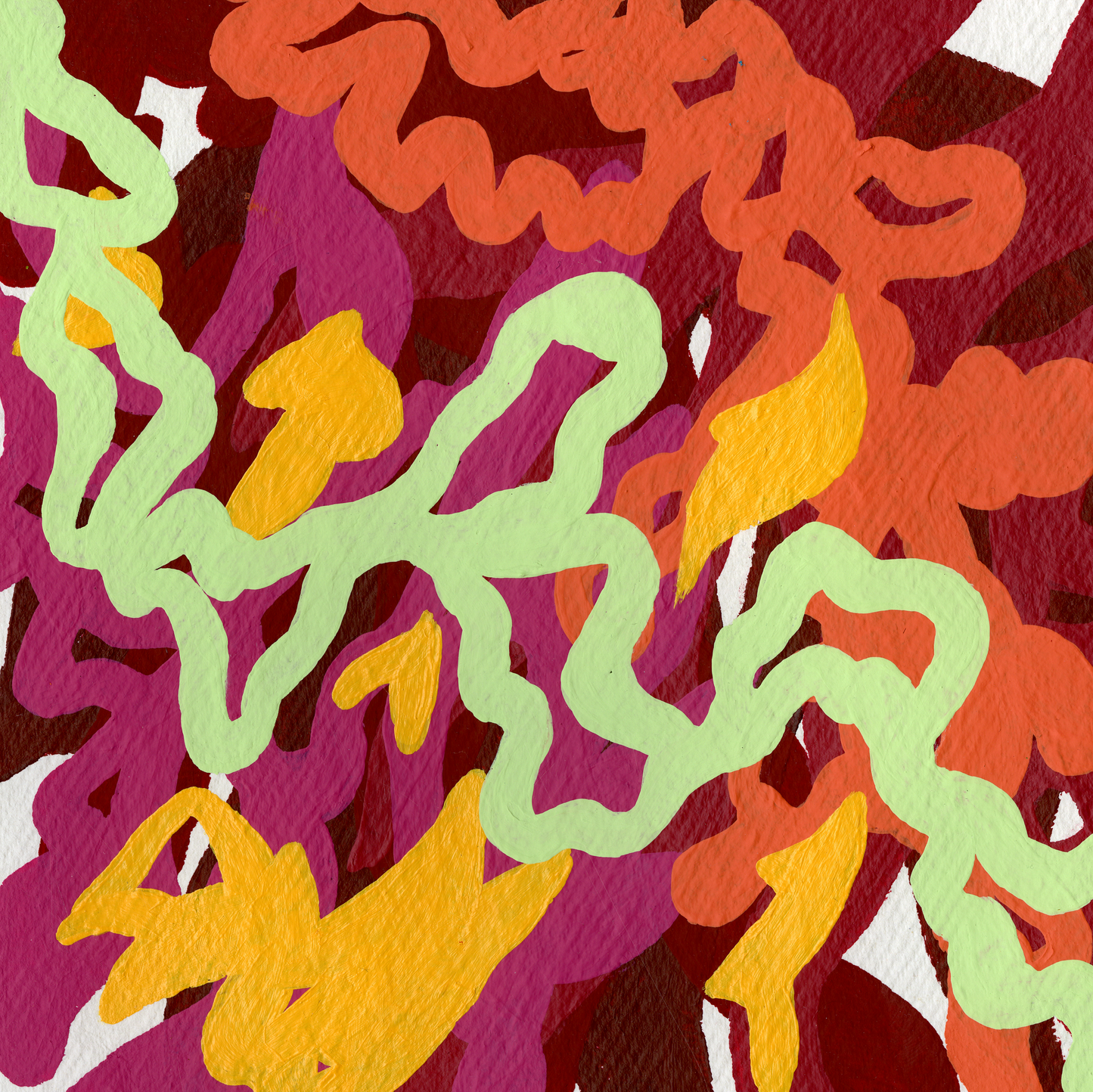 A painting made up of layered orange, red, pink and yellow shapes with a light green pattern painted on a diagonal across it. It features a fabric like texture.