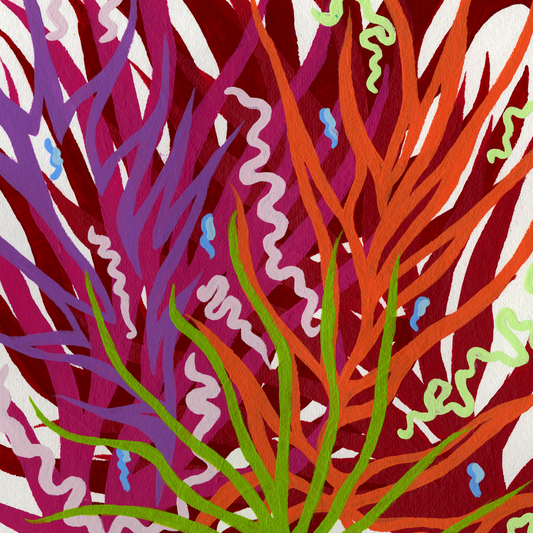 Abstract plant like forms cover the painting in bold shades of red, pink, purple and orange. Small wiggly lines of green and pale pink fit in the spaces in between the larger shapes.