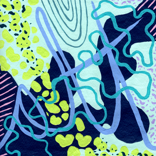 Differing shades of blue abstract shapes make up this painting. Lime green wobbly shapes sweep across the image from top left corner to bottom right corner.