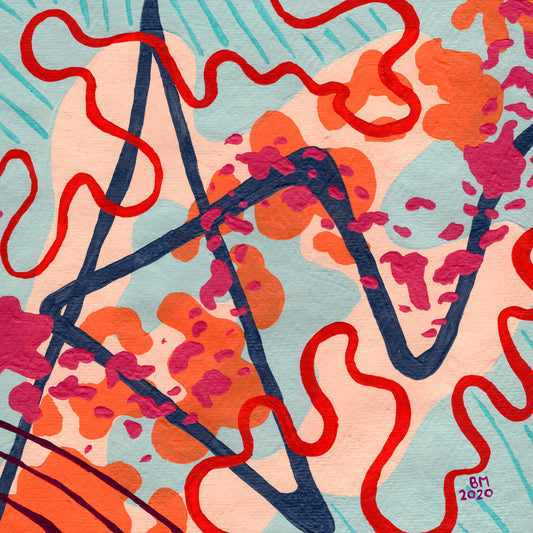 An abstract painting with a background of orange and blue. Red swirling lines adorn the top left and bottom right corner. A navy blue sharp lines cuts across the whole image along with pink blobs.