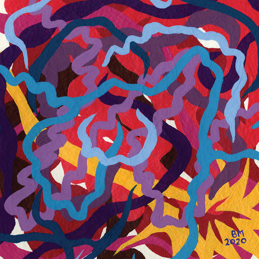 Layers of swirling shapes in pinks, blues, purples, with a yellow starburst shape under the shapes. There are initials and a date in the bottom right corner.